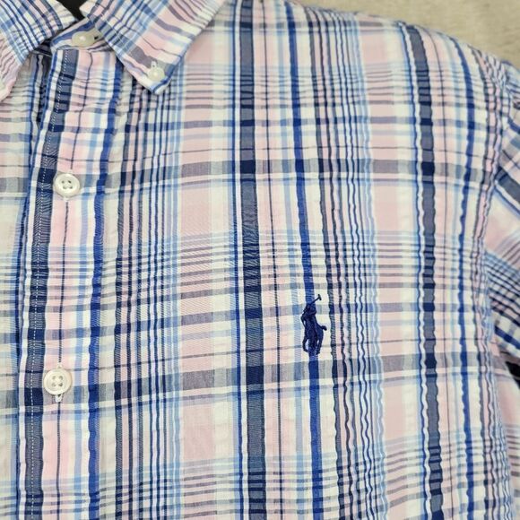 Ralph Lauren Y2K Blue Pink Plaid Cotton Seersucker Fabric Button Down Shirt - Picture 5 of 11